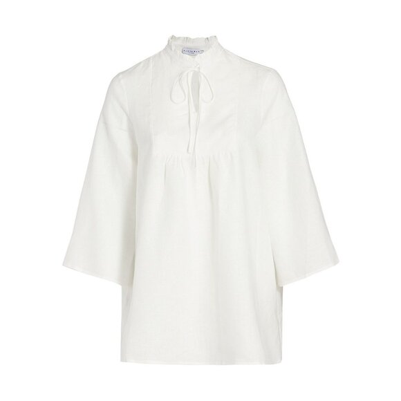 Harshman Aras White Linen Tunic Dress Ruffled Split-Neck Collar Bell Sleeves 1X - Picture 2 of 6